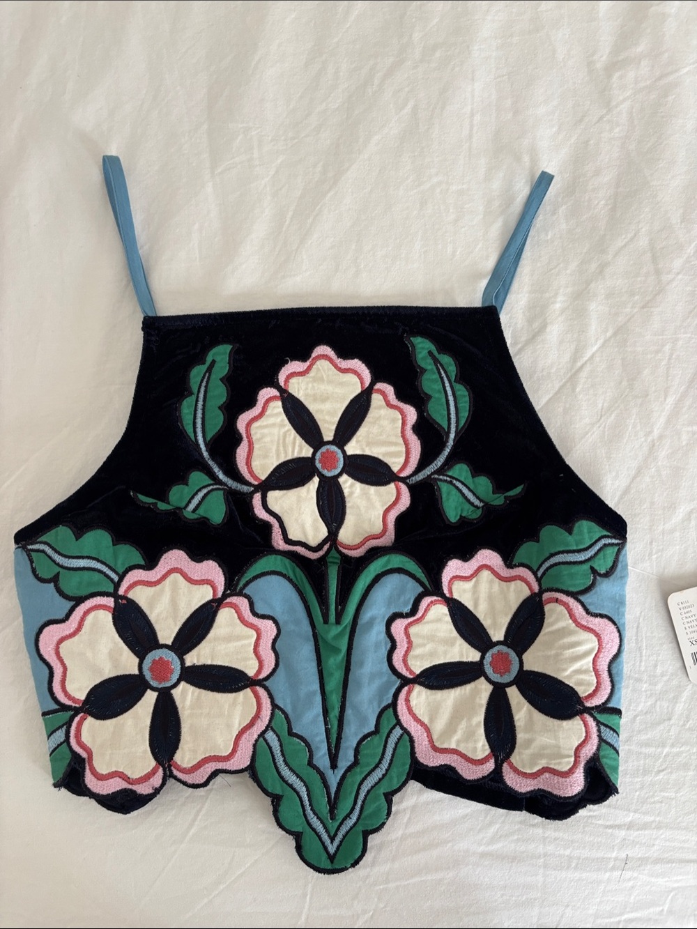 Floral Appliqué Velvet Crop Top in Navy and Blue